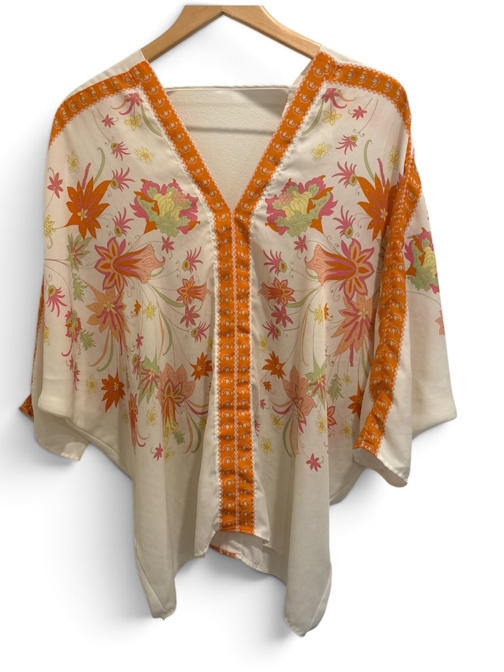 Rose and Olive V-Neck Kimono Top - Orange on Cream